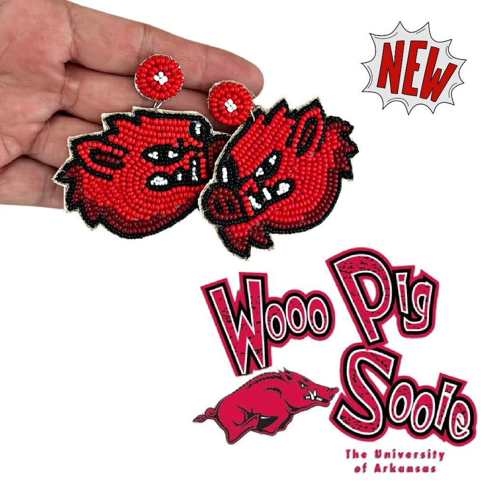 Arkansas University Football Team Fans Woo Pig Mascot Seed Beaded Earrings NEW